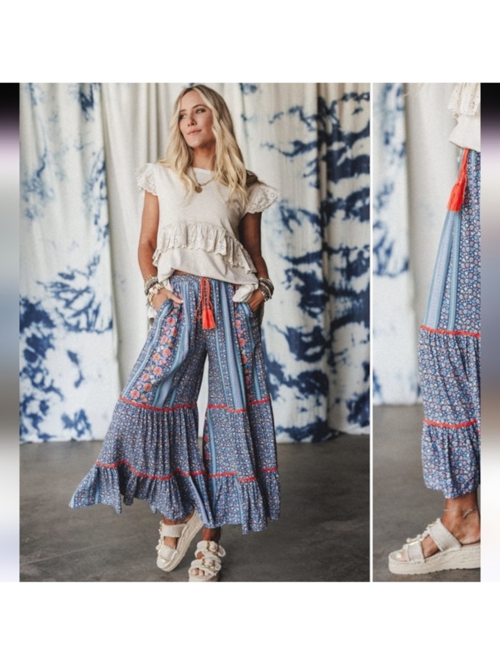 easel Blue Floral Patchwork Wide leg boho pants  with Orange Trim NWOT - Picture 3 of 15